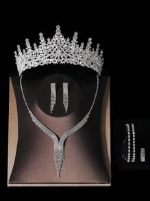 1 Bộ phụ kiện cô dâu cho nữ - Vương miện pha lê cổ điển và thanh lịch, vòng cổ, hoa tai, vòng tay, 2 chiếc nhẫn, dành cho đám cưới, váy cưới, tiệc tùng - Bạc - Xem 1