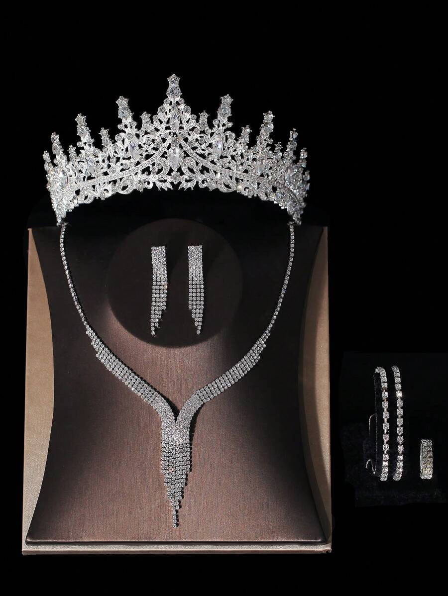 1 Bộ phụ kiện cô dâu cho nữ - Vương miện pha lê cổ điển và thanh lịch, vòng cổ, hoa tai, vòng tay, 2 chiếc nhẫn, dành cho đám cưới, váy cưới, tiệc tùng - Bạc - Xem 1