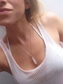 六角形幸運石柱狀水晶項鍊吊墜,天然石頭子彈形粉色水晶項鍊女士情人節珠寶飾品 - 六角柱吊墜 - 查看 3