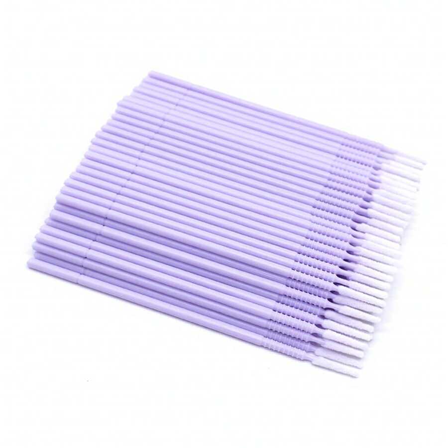 100pcs/Pack Disposable Plastic Stem Button Long Head Micro Brush, Light Pink, Light Green, Light Purple, Individual Eyelash Extension Removal Cotton Swabs, Eyelash Extension Makeup Brushes - Mauve Purple - View 1
