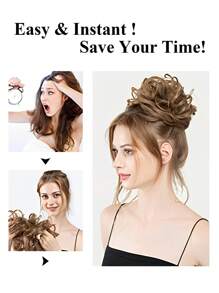 棕色假髮髮環,合成髮料髮髻,長款蓬亂捲曲髮髻頭,搭配彈性帶的捲髮髮髻圈及馬尾髮型髮片、髮垫套頭 - 巧克力棕 - 查看 9