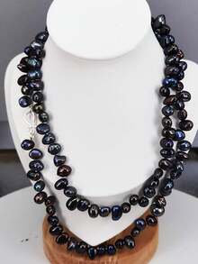 1 串 80 公分黑色淡水珍珠和 S925 扣環毛衣項鍊,適合女士日常生活或派對 - 黑色 - 查看 2