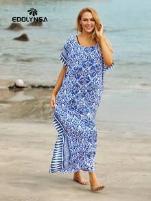 Celadon Print Caftan Beach Dress Women Vacation - Royal Blue - View 6