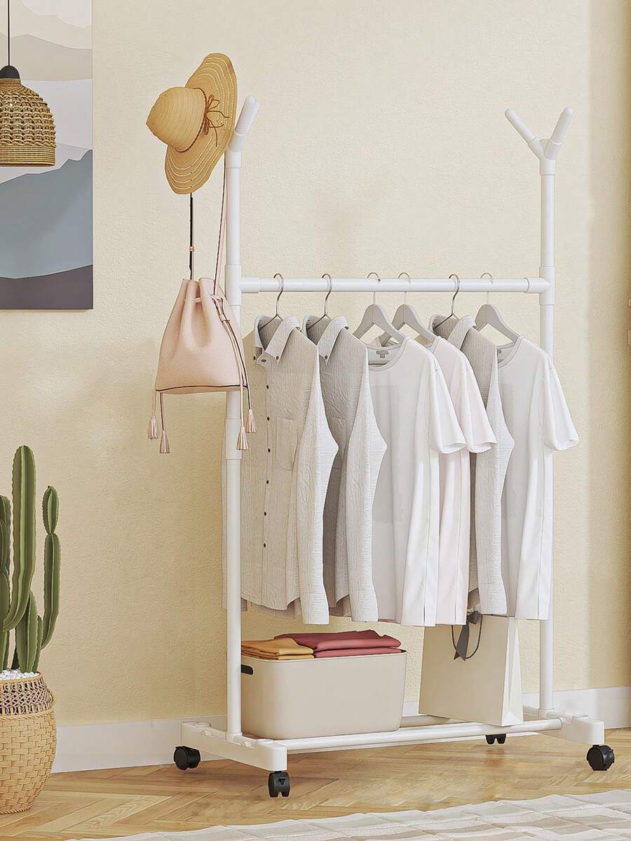 SinglePole Clothes Rack With Wheels, 2Tier Freestanding Coat Hat Shoe