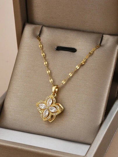 1 件时尚方晶锆石四叶草花朵旋转吊坠不锈钢项链，适合女士，适合派对、日常佩戴、欧美风格、个性化、大方晶锆石、婚礼珠宝、女孩礼物、亲戚、朋友、生日、情人节、爱人礼物
