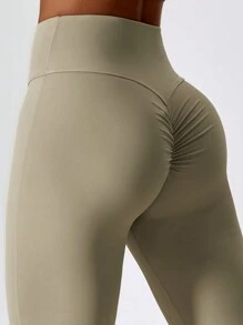 女士運動褲瑜珈褲喇叭休閒褲健身褲提臀瑜珈褲 - 杏色 - 查看 6