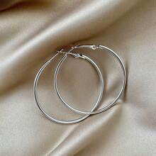 1pair Oversized Circle Metallic Hoop Earrings, Simple & Personalized Style - Silver - View 5