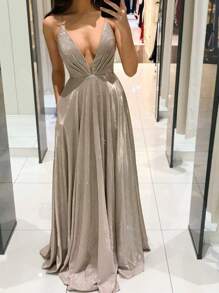 Vestido De Cuello Profundo De Espalda Abierta Con Tira Cruzada Dobladillo Plisado - Albaricoque - Ver 1