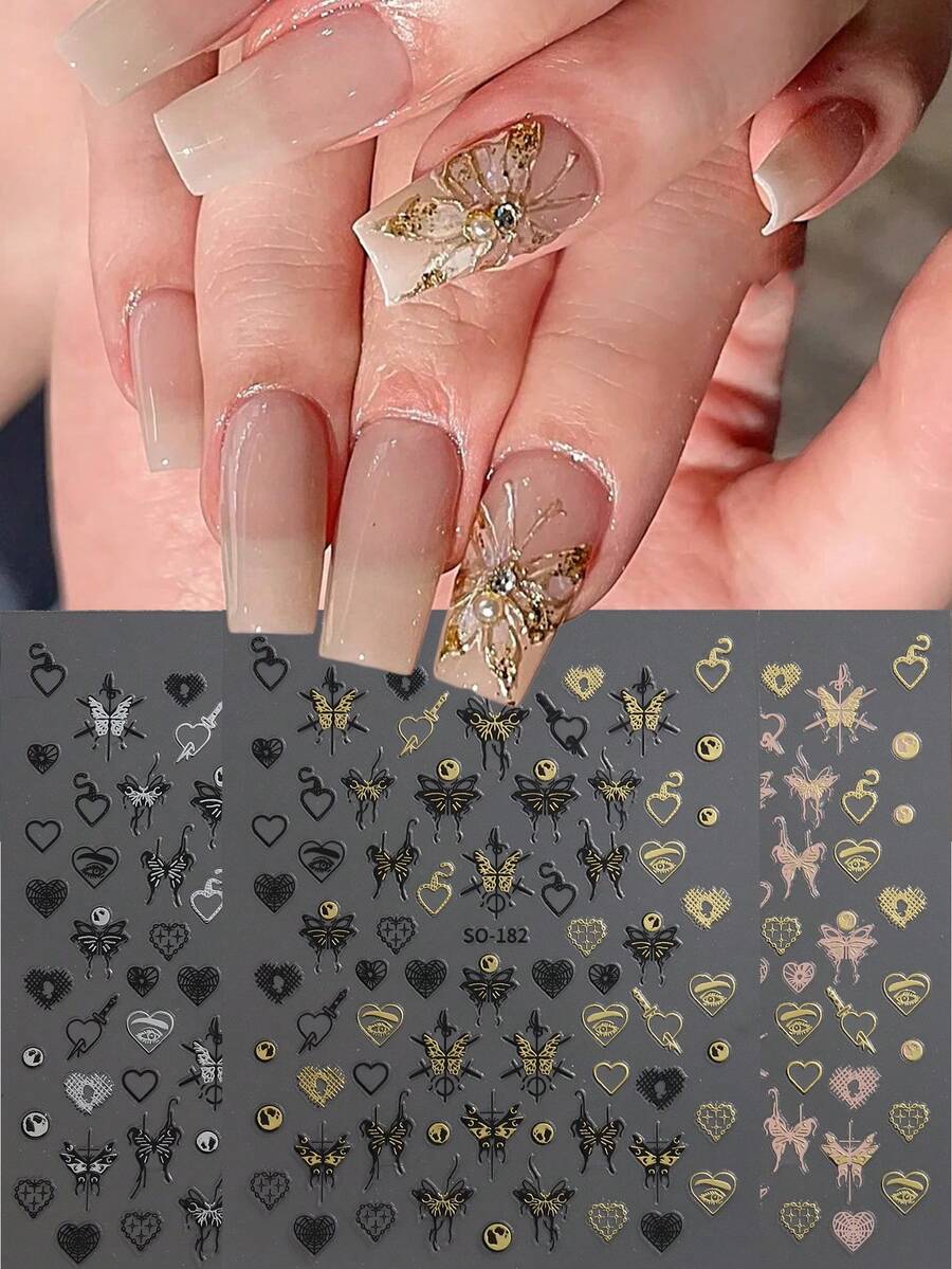 3入組蝴蝶美甲貼紙貼花3d自粘激光金銀玫瑰金心形星光蝴蝶星光美甲設計,適用於女性精美美甲裝飾 - 彩色 - 查看 1