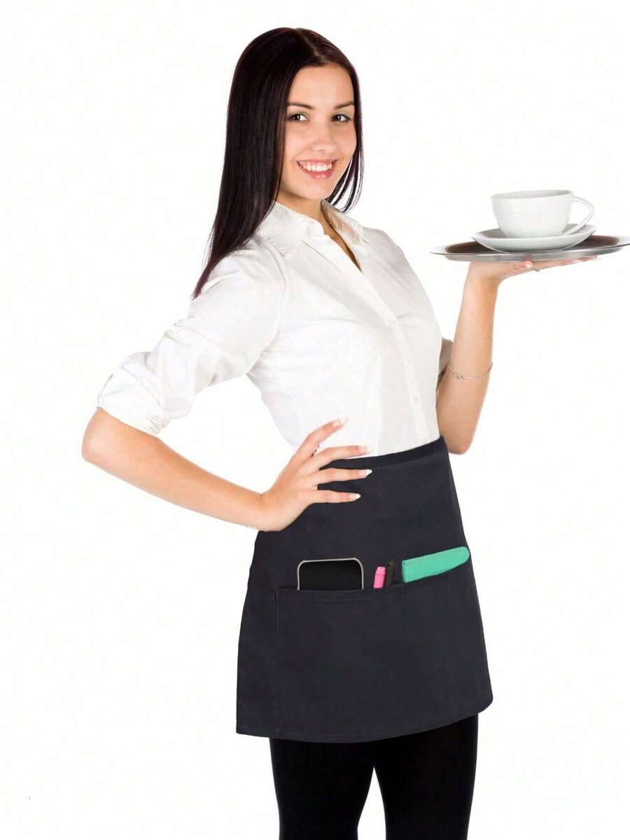 1 Delantal De Cintura Para Camarera De Restaurante Con Tres Bolsillos, Longitud Corta - Negro - Ver 1