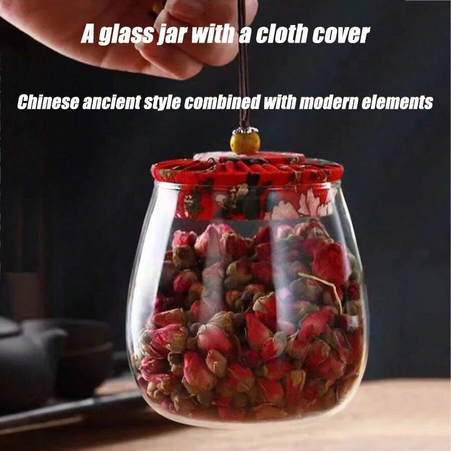 1入新款花卉布蓋玻璃密封茶罐,家庭糖果、茶、儲物罐,方便收納 - 紅色 - 查看 1