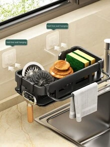 Kitchen Sink Rack Wall-Mounted Multi-Functional Drainage Rack Sponge & Cloth & Dishwashing Liquid Storage Organizer - Black - View 10