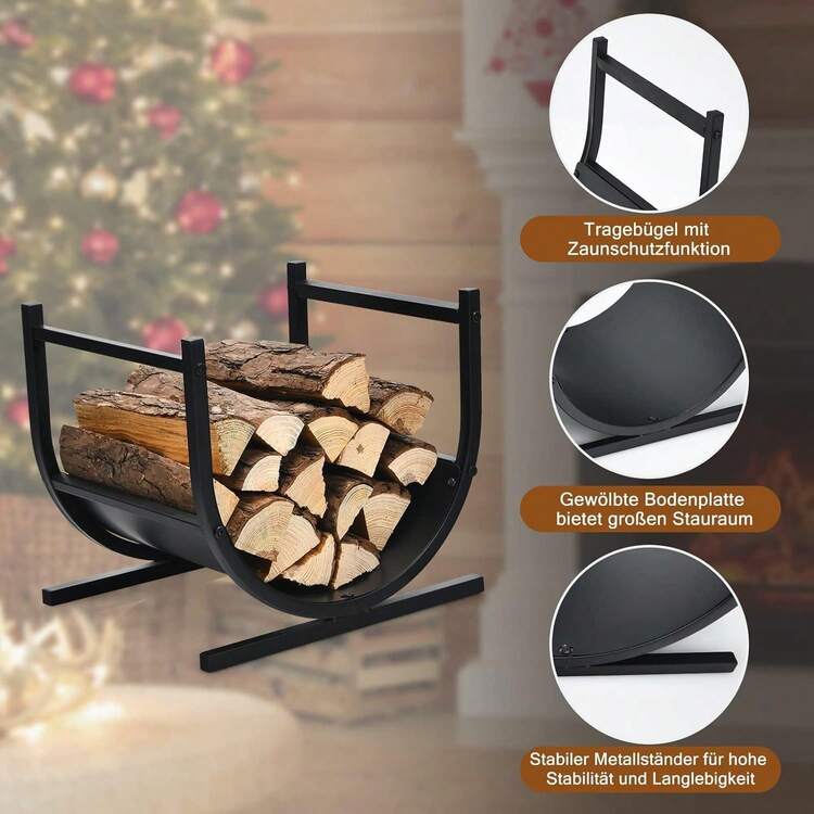 U-Shaped Firewood Rack, Metal Firewood Rack With Handles & Stable Base, Firewood Rack For Indoors & Outdoors, Firewood Holder For Fireplace, BBQ & Fire Pit, 43*37*39.5cm - Black - View 3