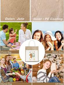 大容量黃麻肩袋手提袋裝麻袋亞麻手提袋女士購物袋名字字母圖案可重複使用被層壓的設計師手提袋母親禮物旅行儲物袋手提購物布袋麻亞麻小袋野餐袋老師禮物 - 米色 - 查看 5