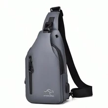 防水男士胸包,帶usb接口,運動商務旅行背包,簡約單肩包,父親斜挎包腰包,防水情人節男士禮物 - 灰色 - 查看 5