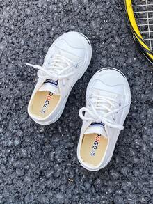 White Baby Canvas Shoes Mid-Top Sneakers, Unisex Kids' Shoes For Spring & Autumn, Korean Style Simple Fashion Lace-Up Athletics, Classic Low-Cut Skateboarding Shoes For Casual Wear And Sports - White - View 4