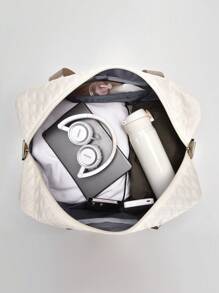 新款大容量旅行包，百搭女士健身包，休闲菱形购物袋，手提包，单肩包，度假包，孕妇包，带独立鞋位登机包，出院包，保暖冬季，男女同款，轻便可折叠行李包 - 米色 - 查看 9