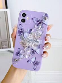 1 Pieza Funda De Teléfono Antideslizante Con Estampado De Mariposas En Tpu Morado Y 1 Pieza Cadena De Mano Transparente En Forma De Mariposa Para Teléfonos Móviles Apple, Samsung, Xiaomi, Redmi, Oppo - Multicolor - Ver 3