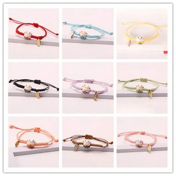 cerámico gato Pulsera pareja tejido hecho a mano gato suerte rojo Pulsera de cuerda para novia japonés dulce Bisutería