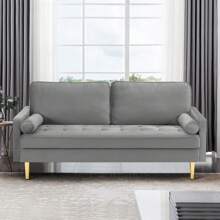 SZLIZCCC 67" Modern Velvet Loveseat Sofa Couch, Mid-Century Tufted Upholstered Small Love Seat Couch With 2 Pillows & 4 Golden Legs, 2-Seats Couches For Compact Space, Living Room, Apartment - 灰色 - 查看 1