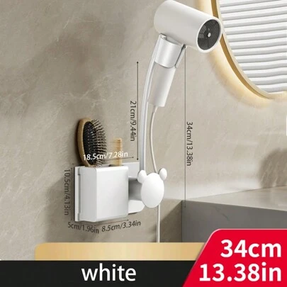 1pc Wall-Mounted Hair Dryer Holder With Storage Shelf, No Drill Bathroom Organizer, White