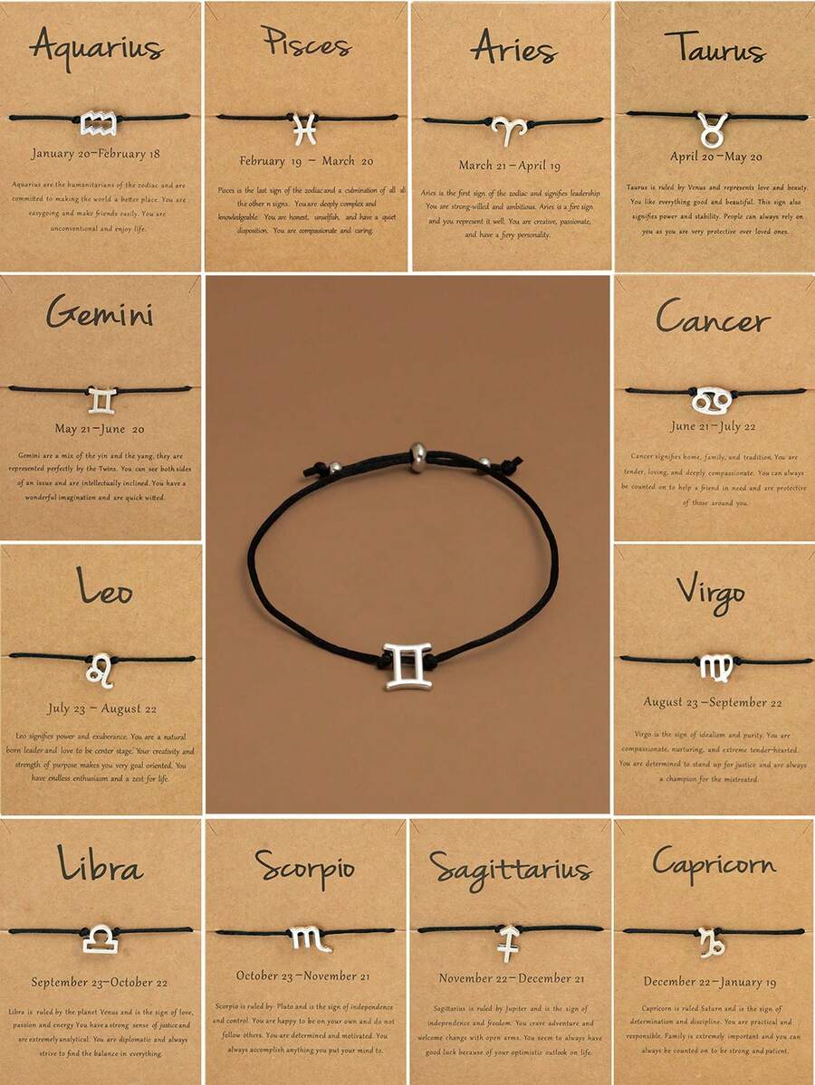 1pc Zodiac Sign Card Adjustable Black Cord Bracelet - Silver - View 1