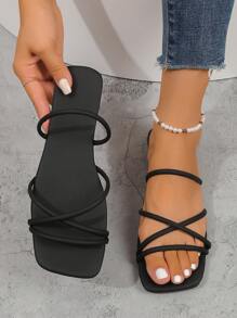 Nuevas Pantuflas Negras De Punta Cuadrada Y Suelo Plano Para El Verano, Clásicas, Cómodas Y Ligeras Para Usar En Interiores O Al Aire Libre.