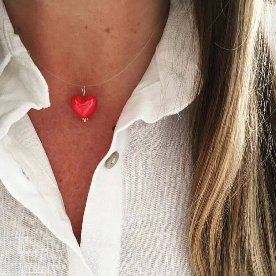 1pc Glass Heart Pendant Necklace - Red - View 1