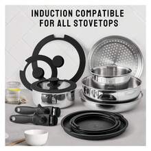 16 Piece Stainless Steel Cookware Set, Kitchen Removable Handle Stackable Pots And Pans Set, Frying Pans Saucepans With Lid, Stay-Cool Handles For All Stoves, Dishwasher/Oven Safe Camping Space Saving - Multicolor - View 6