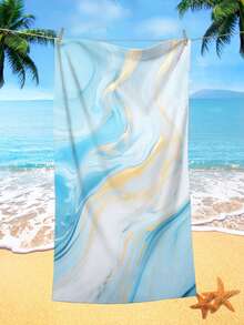 1 件大理石紋理圖案沙灘巾,超細纖維印花速乾吸水毛巾,適合游泳、度假、旅行、露營 - 淺藍色 - 查看 1