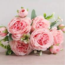 Flores Peonias Artificiales Ramo Rosa Novia Boda Centro Mesa - Rosa - Ver 7