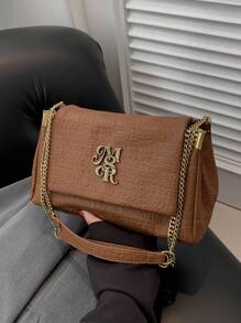 1只時尚柔軟紋理純色肩袋,配有金屬細節和刺繡鏈 - 棕色 - 查看 5