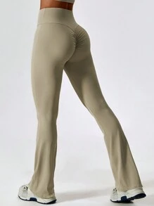 女士運動褲瑜珈褲喇叭休閒褲健身褲提臀瑜珈褲 - 杏色 - 查看 2