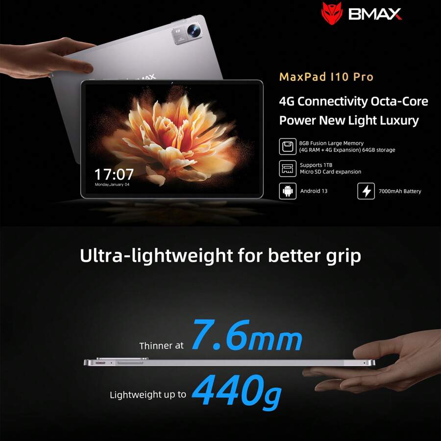 BMAX I10 Pro 2024 平板電腦 MAX 8G (4G+4G 擴展) RAM+64GB ROM10.1 英寸，UNISOC 八核 T606，1280x800 IPS Android 13 平板電腦，支援 4G 網路，Type-C，7000mAh，適用於學習、工作、娛樂，5MP 前置、13MP 後置相機。免費附贈保護套作為禮物