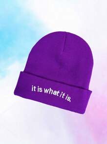 1頂y2k風格的深紫色滑雪帽,帽身上繡有it Is What It Is字樣,男女皆宜的針織毛帽,適用於戶外和冬季 - 紫色 - 查看 9