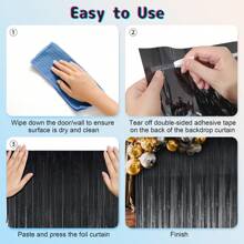 A Set Of 3PCS Multiple Colorful Gold Tassel Drape Backdrop Curtain Set 1*2m, Glitter Gold Foil Drape Laser Gold Tassel Backdrop Curtain, Gold Trimmed Background Curtain For Party Decoration Graduation Theme Halloween Christmas Party(3pcs) - Black - View 6