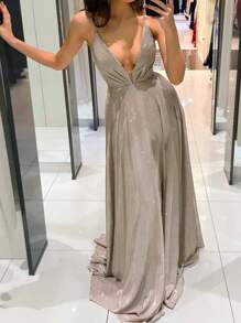 Vestido De Cuello Profundo De Espalda Abierta Con Tira Cruzada Dobladillo Plisado - Albaricoque - Ver 2