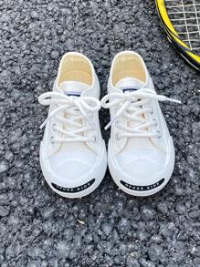 White Baby Canvas Shoes Mid-Top Sneakers, Unisex Kids' Shoes For Spring & Autumn, Korean Style Simple Fashion Lace-Up Athletics, Classic Low-Cut Skateboarding Shoes For Casual Wear And Sports - White - View 2