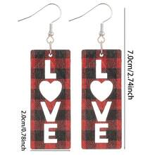 1pair Valentine's Day Plaid Stripe Letter Love Dangle Earrings With Wooden Heart For Women - Red Plaid LOVE - View 2