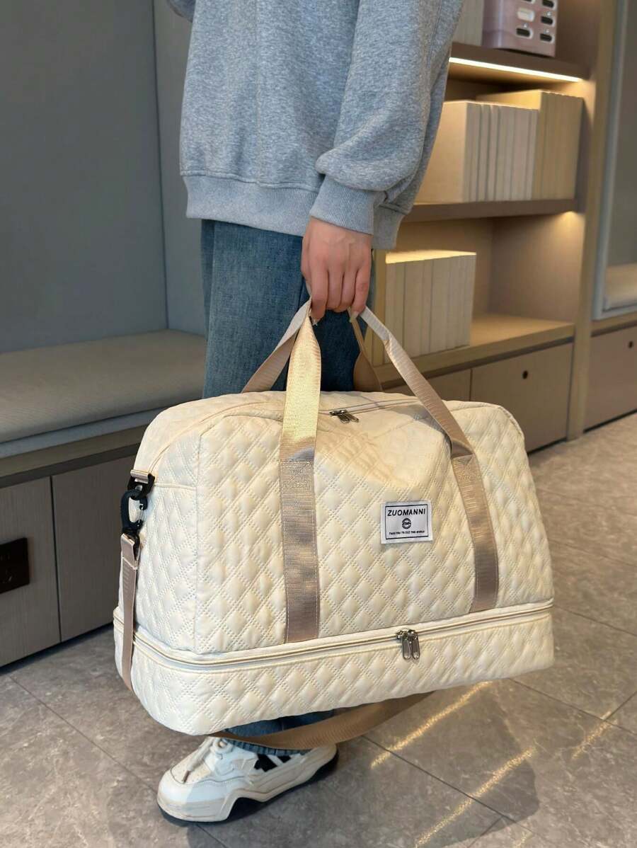 新款大容量旅行包，百搭女士健身包，休闲菱形购物袋，手提包，单肩包，度假包，孕妇包，带独立鞋位登机包，出院包，保暖冬季，男女同款，轻便可折叠行李包 - 米色 - 查看 1