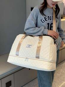 新款大容量旅行包，百搭女士健身包，休闲菱形购物袋，手提包，单肩包，度假包，孕妇包，带独立鞋位登机包，出院包，保暖冬季，男女同款，轻便可折叠行李包 - 米色 - 查看 3