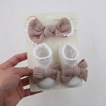 2pcs/set Lace Ruffle Socks With Hairband For Baby Girls/boys, With Handmade Bowknot, White - Khaki - View 5