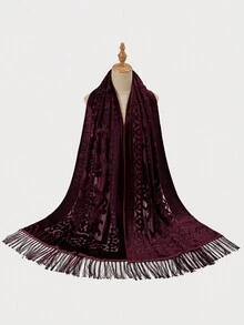 1pc Fashionable Women's Double Purpose Silver Printed Tassel Scarf/Shawl - Burgundy - View 2