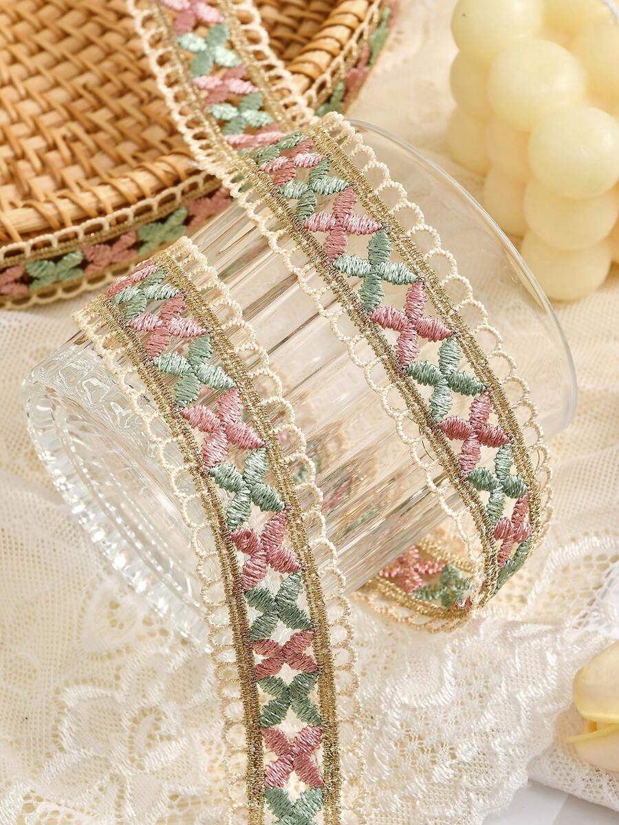 1碼花卉圖案蕾絲緞帶飾邊,適用於縫紉、禮品包裝、DIY手工藝及婚禮新娘裝飾 - 彩色 - 查看 1