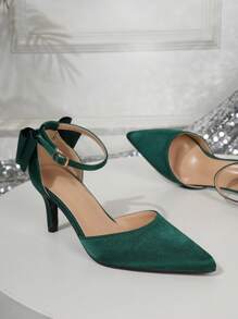 Spring/Autumn Green Satin Stiletto High-Heel Pointed-Toe Slingback Shoes For Women, With Bow Knot, Suitable For Dress To Create A Fairy Style