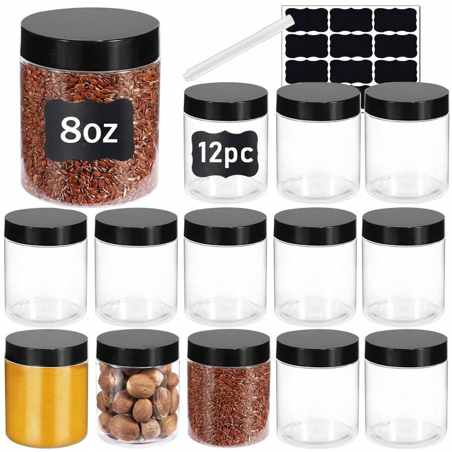 12入組塑料瓶,螺紋式蓋子,8盎司可再次裝填的空圓形史萊姆化妝品容器,適用於存放幹糧,化妝品,史萊姆,蜂蜜果醬,奶油,黃油,乳液 - 黑色 - 查看 1