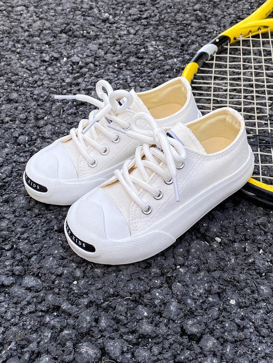 White Baby Canvas Shoes Mid-Top Sneakers, Unisex Kids' Shoes For Spring & Autumn, Korean Style Simple Fashion Lace-Up Athletics, Classic Low-Cut Skateboarding Shoes For Casual Wear And Sports - White - View 1