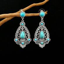 波西米亞風格古色古銀水滴形綠松石耳環,適合女性和少女度假飾品禮物 - 復古銀色 - 查看 1