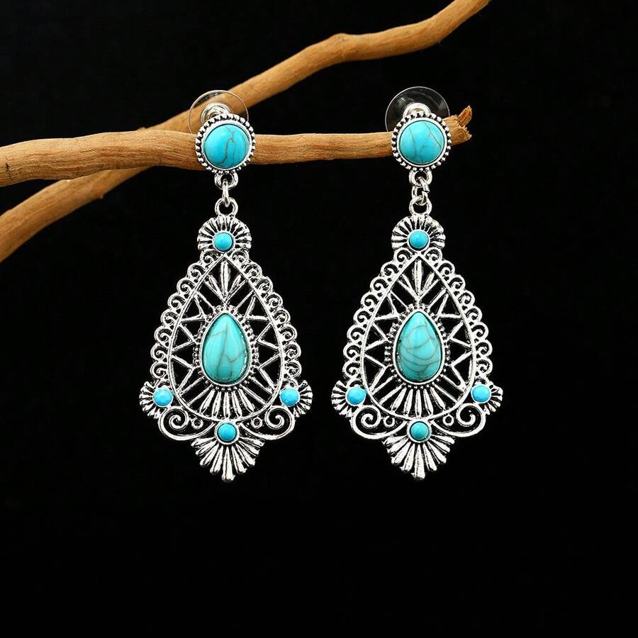 波西米亞風格古色古銀水滴形綠松石耳環,適合女性和少女度假飾品禮物 - 復古銀色 - 查看 1