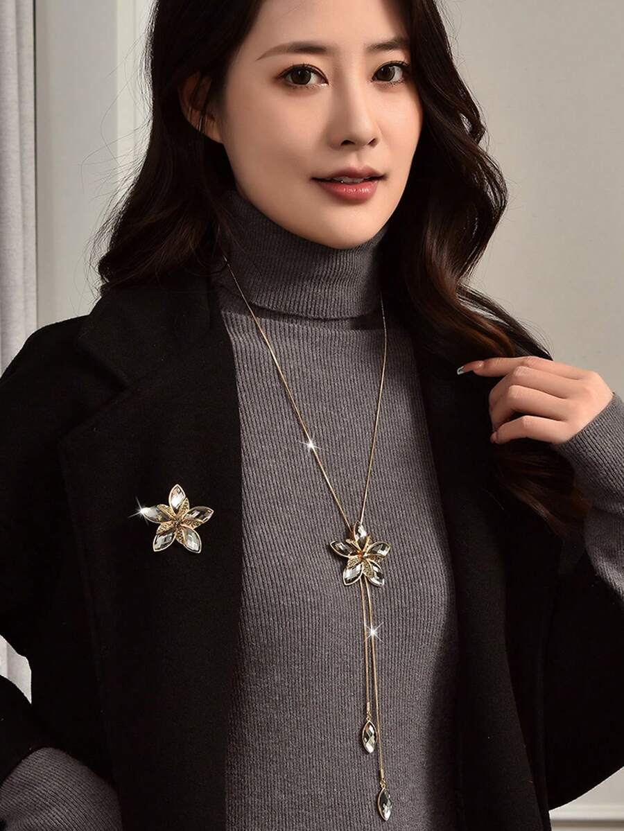 1 件多功能水晶花毛衣鏈胸針可作為長流蘇項鍊佩戴 - 金色 - 查看 1